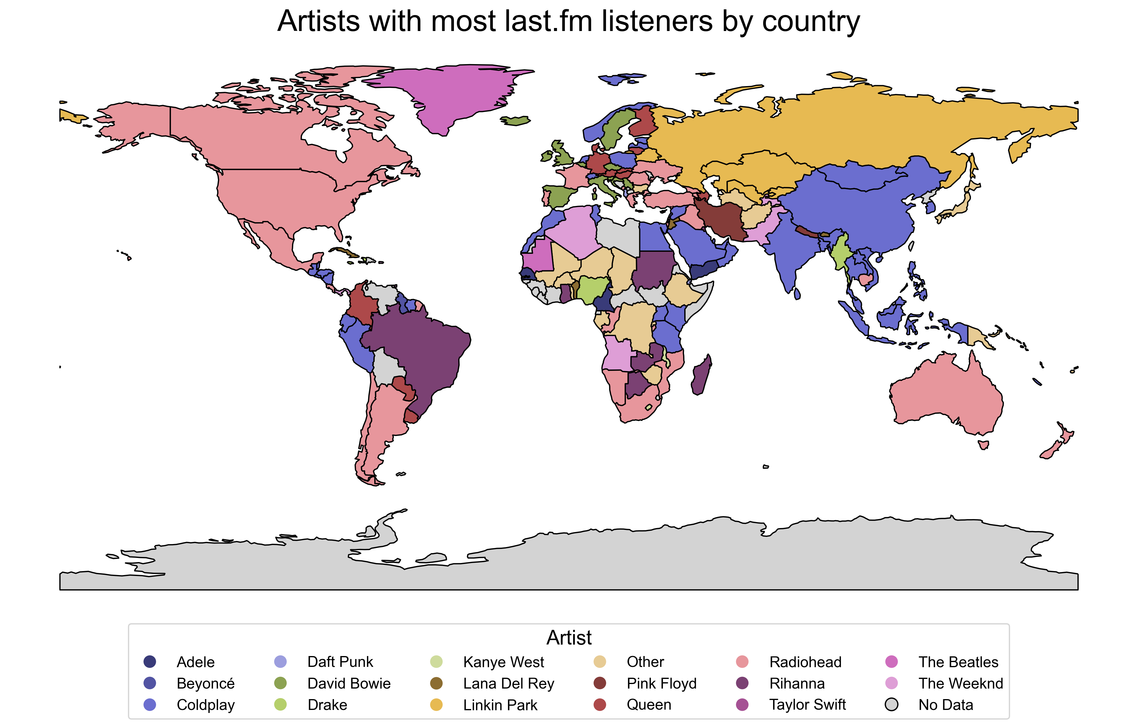 Artist with most last.fm listeners by country